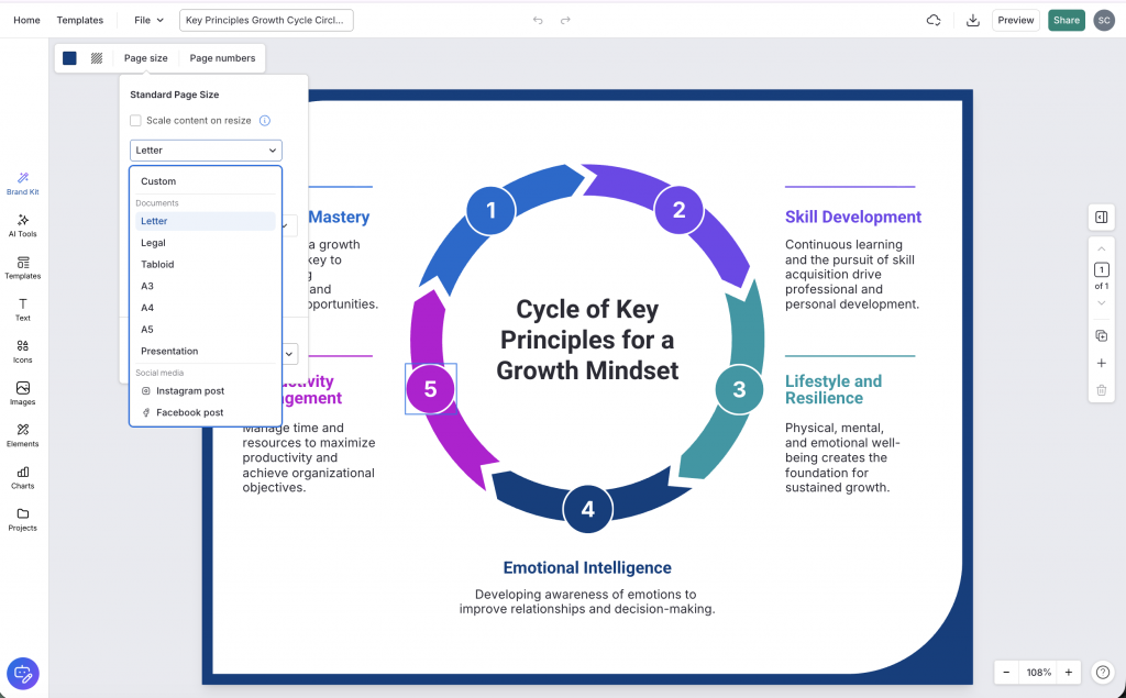 Venngage editor screenshot showing how to change page size